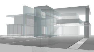 Modern geometrik mimari tasarım, 3D tasarım, gayrimenkul planı, mimari sanat, taslak çizimi.