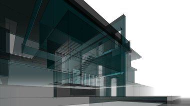 Modern geometrik mimari tasarım, 3D tasarım, gayrimenkul planı, mimari sanat, taslak çizimi.