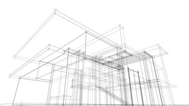 Modern geometrik mimari tasarım, 3D tasarım, gayrimenkul planı, mimari sanat, taslak çizimi.