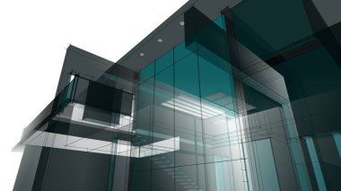 Modern geometrik mimari tasarım, 3D tasarım, gayrimenkul planı, mimari sanat, taslak çizimi.