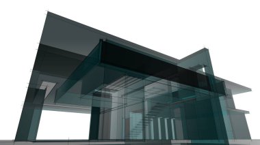 Modern geometrik mimari tasarım, 3D tasarım, gayrimenkul planı, mimari sanat, taslak çizimi.