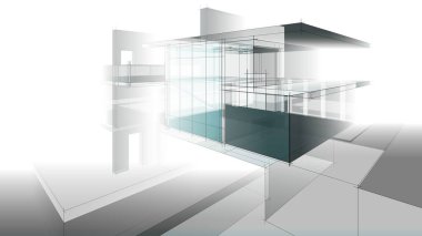 Modern geometrik mimari tasarım, 3D tasarım, gayrimenkul planı, mimari sanat, taslak çizimi.