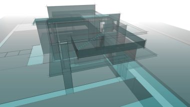 Modern geometrik mimari tasarım, 3D tasarım, gayrimenkul planı, mimari sanat, taslak çizimi.