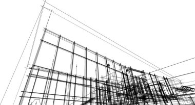 Modern geometrik mimari tasarım, 3D tasarım, gayrimenkul planı, mimari sanat, taslak çizimi.