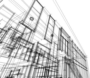 Modern geometrik mimari tasarım, 3D tasarım, gayrimenkul planı, mimari sanat, taslak çizimi.