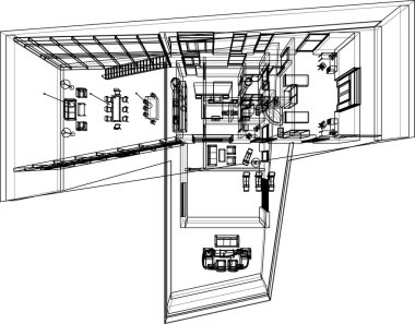 Modern geometrik mimari tasarım, 3D tasarım, gayrimenkul planı, mimari sanat, taslak çizimi.
