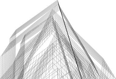 Modern geometrik mimari tasarım, 3D tasarım, gayrimenkul planı, mimari sanat, illüstrasyon.