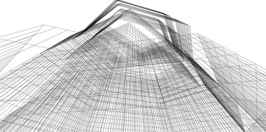 Modern geometrik mimari tasarım, 3D tasarım, gayrimenkul planı, mimari sanat, illüstrasyon.