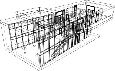 Modern geometrik mimari tasarım, 3D tasarım, gayrimenkul planı, mimari sanat, taslak çizimi.