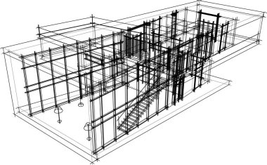 Modern geometrik mimari tasarım, 3D tasarım, gayrimenkul planı, mimari sanat, taslak çizimi.