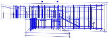 Modern geometrik mimari tasarım, 3D tasarım, gayrimenkul planı, mimari sanat, taslak çizimi.