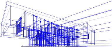 Modern geometrik mimari tasarım, 3D tasarım, gayrimenkul planı, mimari sanat, taslak çizimi.