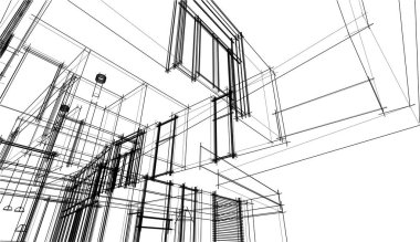 Modern geometrik mimari tasarım, 3D tasarım, gayrimenkul planı, mimari sanat, taslak çizimi.