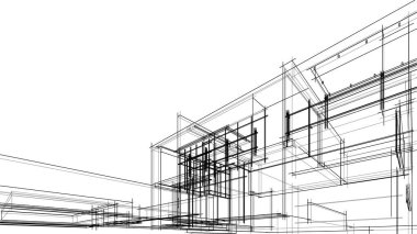 Modern geometrik mimari tasarım, 3D tasarım, gayrimenkul planı, mimari sanat, taslak çizimi.