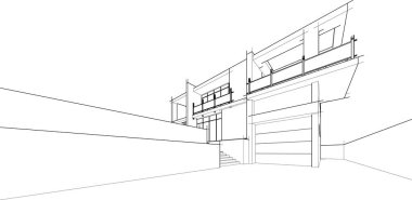 Modern geometrik mimari tasarım, 3D tasarım, gayrimenkul planı, mimari sanat, taslak çizimi.