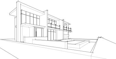 Modern geometrik mimari tasarım, 3D tasarım, gayrimenkul planı, mimari sanat, taslak çizimi.