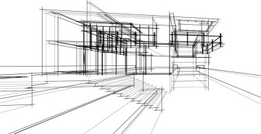 Modern geometrik mimari tasarım, 3D tasarım, gayrimenkul planı, mimari sanat, taslak çizimi.