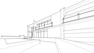 Modern geometrik mimari tasarım, 3D tasarım, gayrimenkul planı, mimari sanat, taslak çizimi.