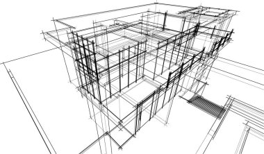 Modern geometrik mimari tasarım, 3D tasarım, gayrimenkul planı, mimari sanat, taslak çizimi.