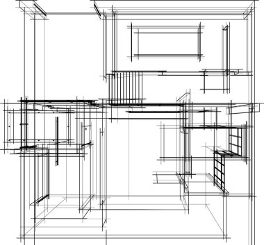 Modern geometrik mimari tasarım, 3D tasarım, gayrimenkul planı, mimari sanat, taslak çizimi.