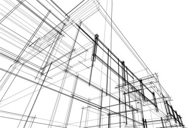 Modern geometrik mimari tasarım, 3D tasarım, gayrimenkul planı, mimari sanat, taslak çizimi.