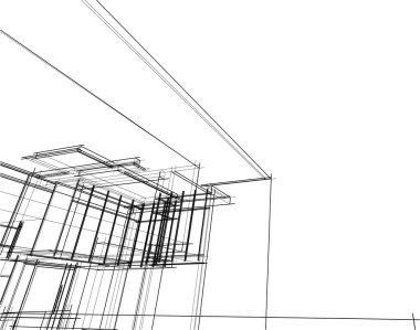 Modern geometrik mimari tasarım, 3D tasarım, gayrimenkul planı, mimari sanat, taslak çizimi.