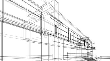Modern geometrik mimari tasarım, 3D tasarım, gayrimenkul planı, mimari sanat, taslak çizimi.