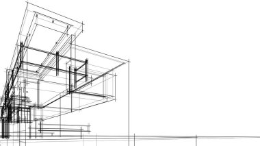 Modern geometrik mimari tasarım, 3D tasarım, gayrimenkul planı, mimari sanat, taslak çizimi.