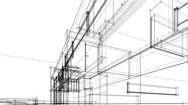 Modern geometrik mimari tasarım, 3D tasarım, gayrimenkul planı, mimari sanat, taslak çizimi.