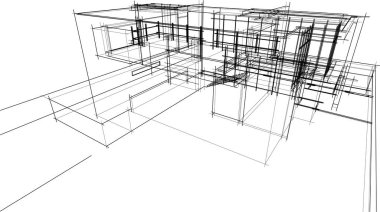 Modern geometrik mimari tasarım, 3D tasarım, gayrimenkul planı, mimari sanat, taslak çizimi.