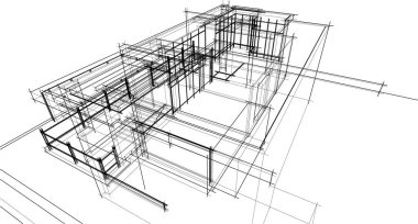 Modern geometrik mimari tasarım, 3D tasarım, gayrimenkul planı, mimari sanat, taslak çizimi.