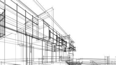 Modern geometrik mimari tasarım, 3D tasarım, gayrimenkul planı, mimari sanat, taslak çizimi.