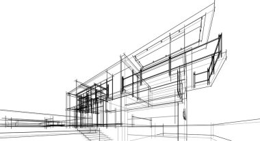Modern geometrik mimari tasarım, 3D tasarım, gayrimenkul planı, mimari sanat, taslak çizimi.