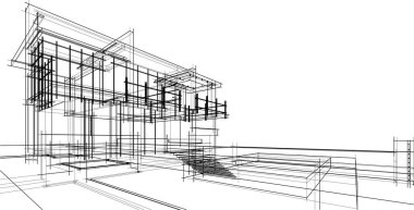 Modern geometrik mimari tasarım, 3D tasarım, gayrimenkul planı, mimari sanat, taslak çizimi.
