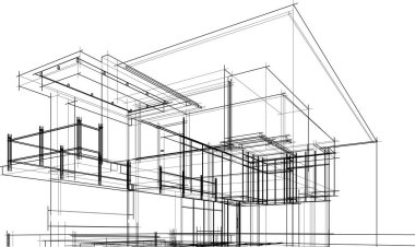 Modern geometrik mimari tasarım, 3D tasarım, gayrimenkul planı, mimari sanat, taslak çizimi.
