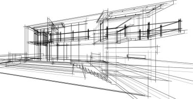 Modern geometrik mimari tasarım, 3D tasarım, gayrimenkul planı, mimari sanat, taslak çizimi.