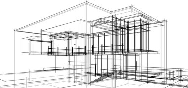 Modern geometrik mimari tasarım, 3D tasarım, gayrimenkul planı, mimari sanat, taslak çizimi.