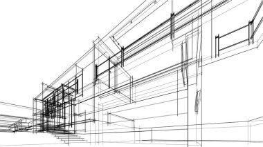 Modern geometrik mimari tasarım, 3D tasarım, gayrimenkul planı, mimari sanat, taslak çizimi.