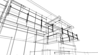 Modern geometrik mimari tasarım, 3D tasarım, gayrimenkul planı, mimari sanat, taslak çizimi.