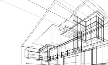 Modern geometrik mimari tasarım, 3D tasarım, gayrimenkul planı, mimari sanat, taslak çizimi.