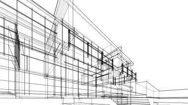 Modern geometrik mimari tasarım, 3D tasarım, gayrimenkul planı, mimari sanat, taslak çizimi.