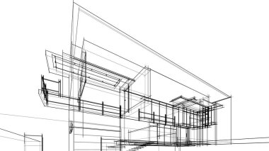 Modern geometrik mimari tasarım, 3D tasarım, gayrimenkul planı, mimari sanat, taslak çizimi.
