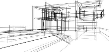 Modern geometrik mimari tasarım, 3D tasarım, gayrimenkul planı, mimari sanat, taslak çizimi.