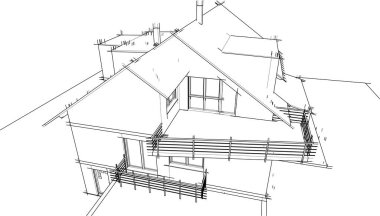 Modern geometrik mimari tasarım, 3D tasarım, gayrimenkul planı, mimari sanat, taslak çizimi.