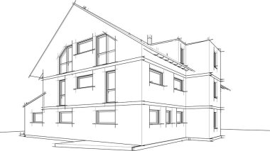 Modern geometrik mimari tasarım, 3D tasarım, gayrimenkul planı, mimari sanat, taslak çizimi.