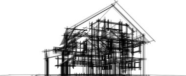 Modern geometrik mimari tasarım, 3D tasarım, gayrimenkul planı, mimari sanat, taslak çizimi.