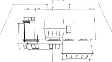 Modern geometrik mimari tasarım, 3D tasarım, gayrimenkul planı, mimari sanat, taslak çizimi.