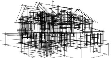 Modern geometrik mimari tasarım, 3D tasarım, gayrimenkul planı, mimari sanat, taslak çizimi.