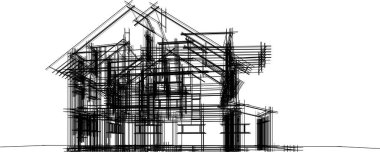 Modern geometrik mimari tasarım, 3D tasarım, gayrimenkul planı, mimari sanat, taslak çizimi.