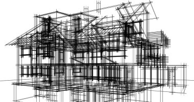 Modern geometrik mimari tasarım, 3D tasarım, gayrimenkul planı, mimari sanat, taslak çizimi.
